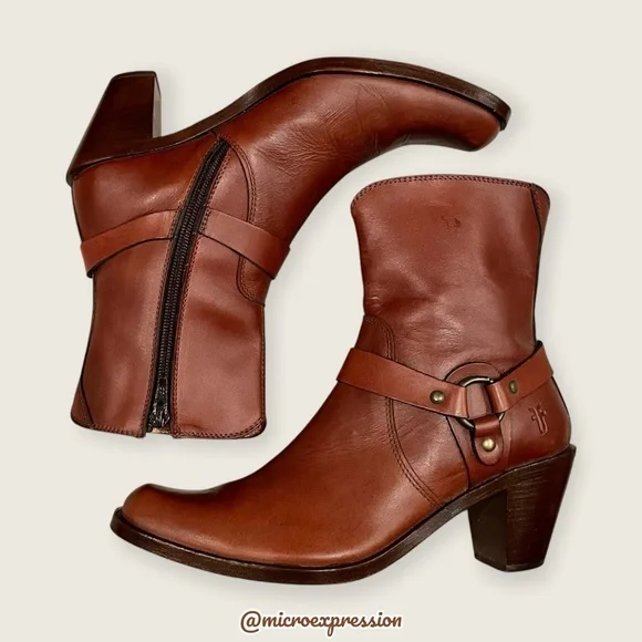 $359 Frye Romy Harness Brown Cognac Real Leather Vintage Cowboy Short Ankle Boot - Picture 11 of 12